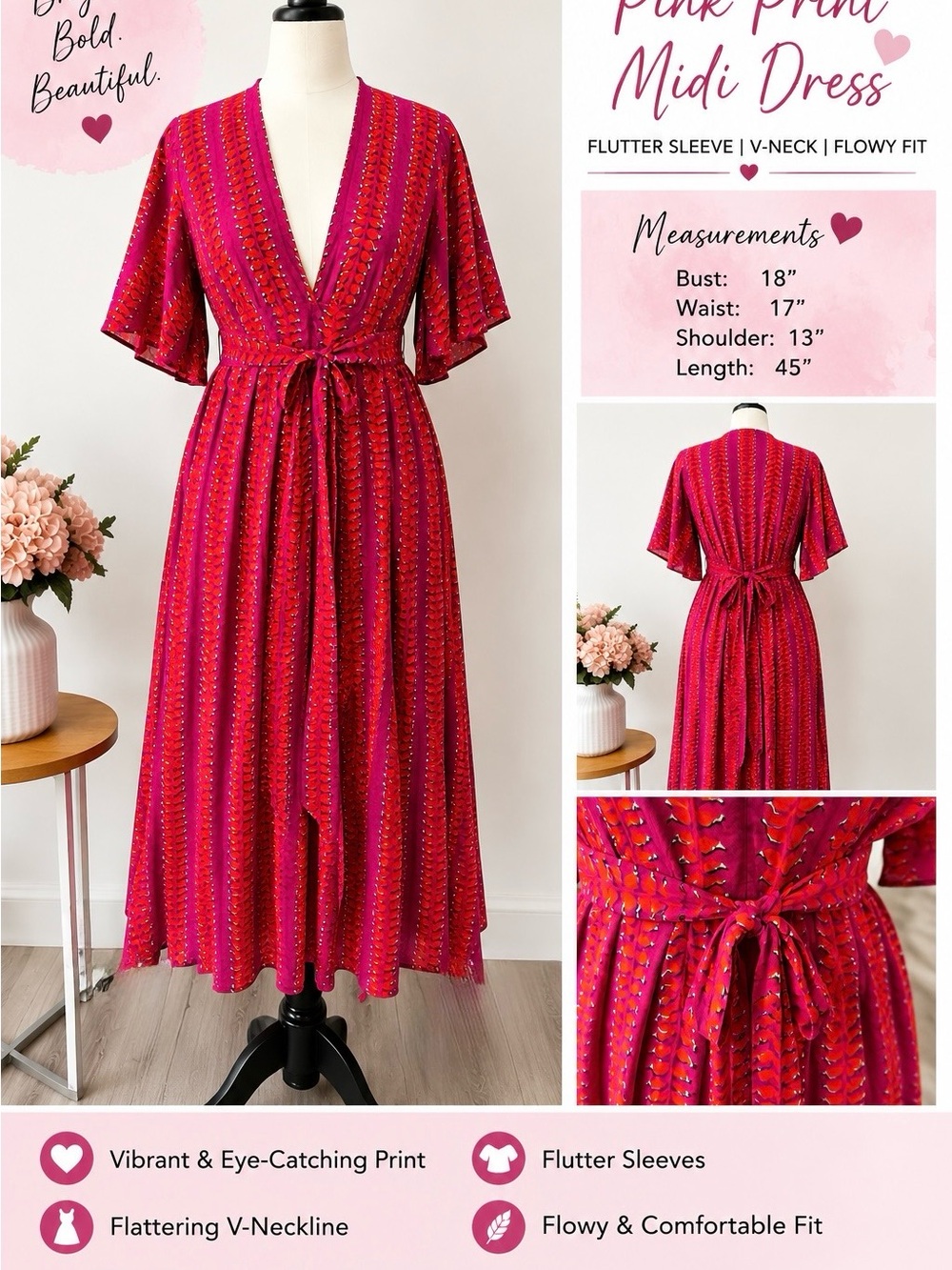 eshakti Pink & Magenta Printed Flutter-Sleeve Midi Dress